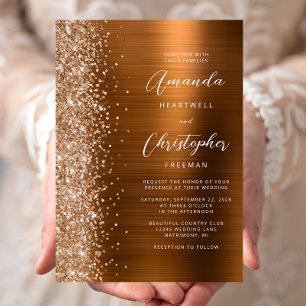 Burnt Orange Glam Brushed Metal Glitter Wedding Invitation