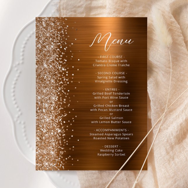 Burnt Orange Glam Glitter Script Wedding Menu (Creator Uploaded)