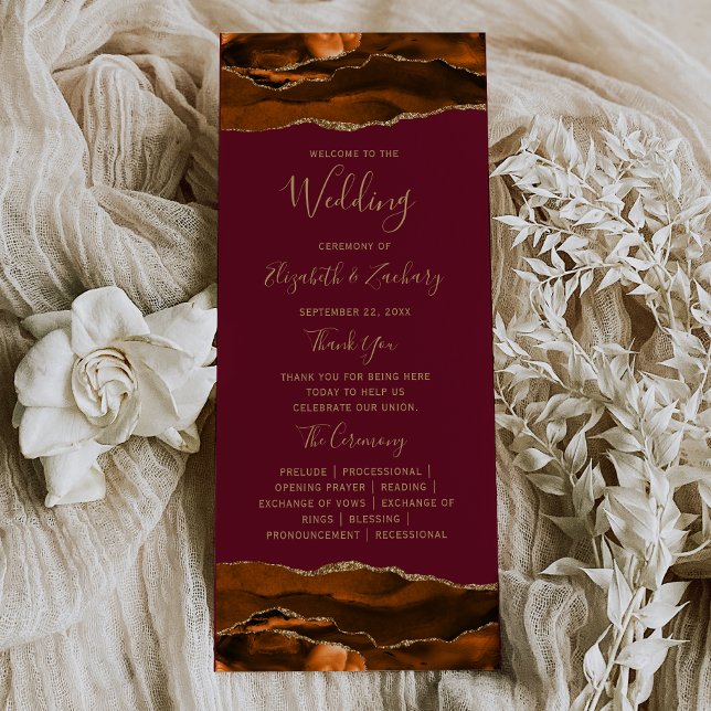 Burnt Orange Gold Agate Burgundy Wedding Programme (Creator Uploaded)