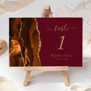 Burnt Orange Gold Agate Burgundy Wedding Table Number