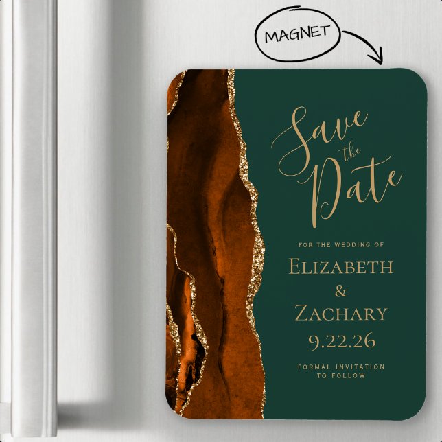 Burnt Orange Gold Agate Dark Green Save the Date Magnet (Creator Uploaded)