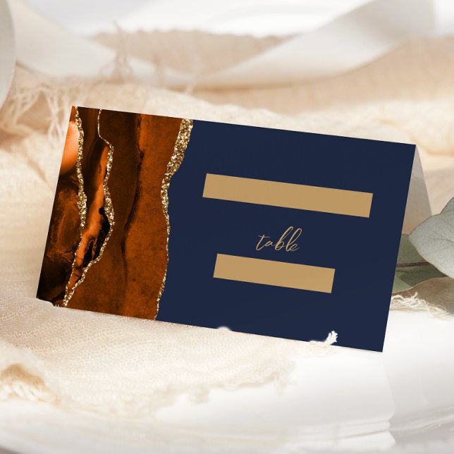 Burnt Orange Gold Agate Dark Green Wedding Place Card (Creator Uploaded)