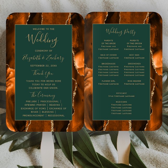 Burnt Orange Gold Agate Dark Green Wedding Program Hand Fan (Creator Uploaded)