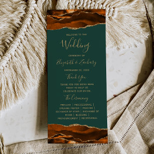 Burnt Orange Gold Agate Dark Green Wedding Programme