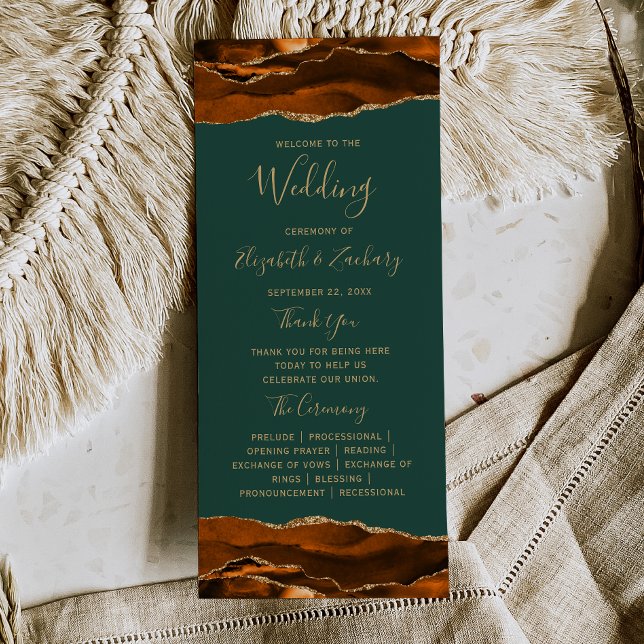Burnt Orange Gold Agate Dark Green Wedding Programme (Creator Uploaded)