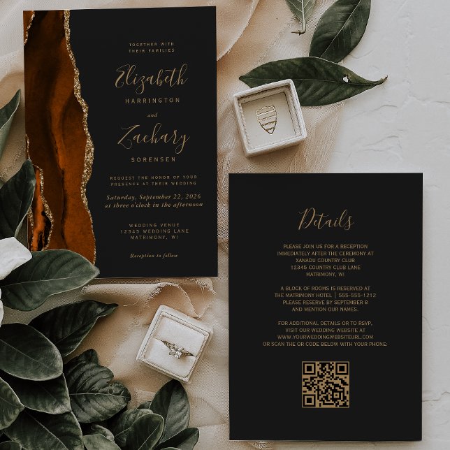 Burnt Orange Gold Agate Dark QR Code Wedding Invitation (Creator Uploaded)