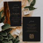 Burnt Orange Gold Agate Dark QR Code Wedding Invitation<br><div class="desc">The left-hand edge of this elegant modern wedding invitation features a burnt orange watercolor agate border trimmed with faux gold glitter. The customisable text combines gold-coloured script and sans serif fonts on a slate black background. The reverse side provides space for wedding details on a solid slate black background, along...</div>