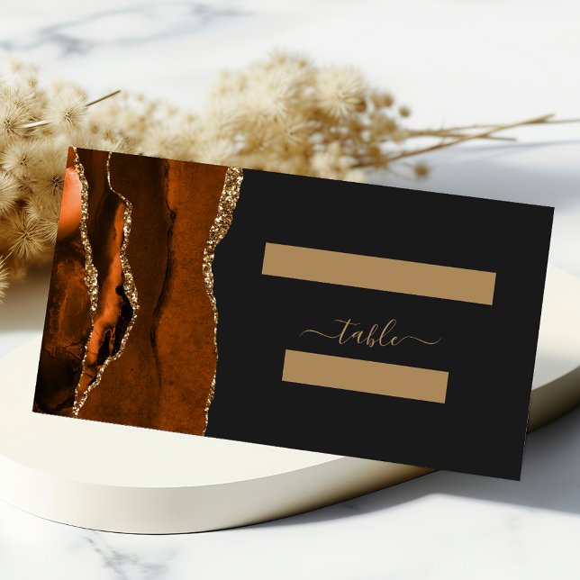 Burnt Orange Gold Agate Dark Wedding Place Card (Creator Uploaded)