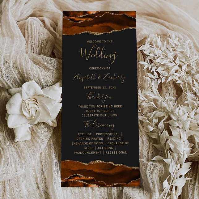 Burnt Orange Gold Agate Dark Wedding Programme (Creator Uploaded)