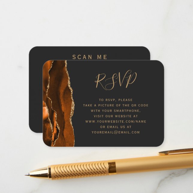 Burnt Orange Gold Agate Dark Wedding QR Code RSVP  Enclosure Card (Front/Back In Situ)
