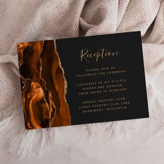Burnt Orange Gold Agate Dark Wedding Reception Enclosure Card (Creator Uploaded)