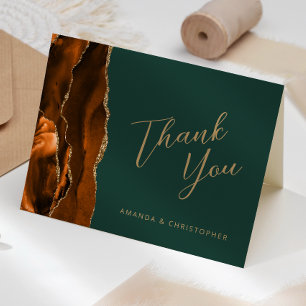 Burnt Orange Gold Agate Green Wedding Thank You Card