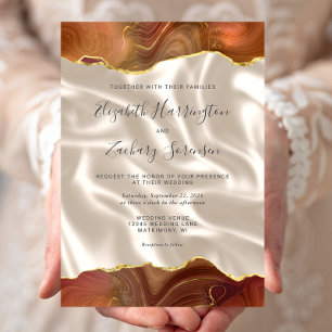 Burnt Orange Gold Agate Ivory Silk Wedding Invitation