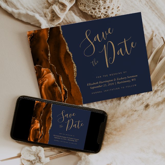 Burnt Orange Gold Agate Navy Blue Save the Date Invitation (Creator Uploaded)