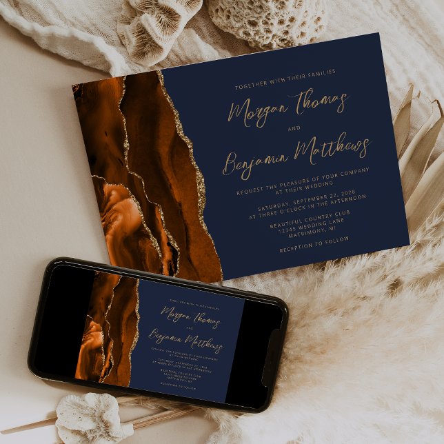 Burnt Orange Gold Agate Navy Blue Script Wedding Invitation (Creator Uploaded)