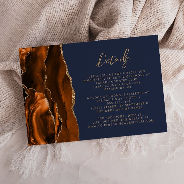 Burnt Orange Gold Agate Navy Blue Wedding Details Enclosure Card (Creator Uploaded)