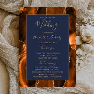Burnt Orange Gold Agate Navy Blue Wedding Program Card
