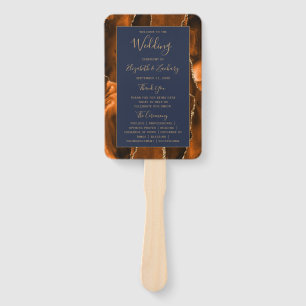 Burnt Orange Gold Agate Navy Blue Wedding Program Hand Fan