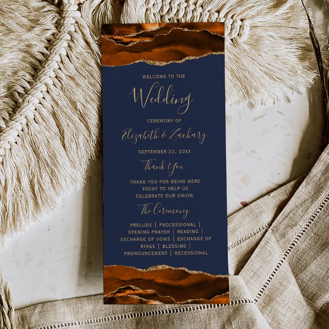 Burnt Orange Gold Agate Navy Blue Wedding Programme (Creator Uploaded)