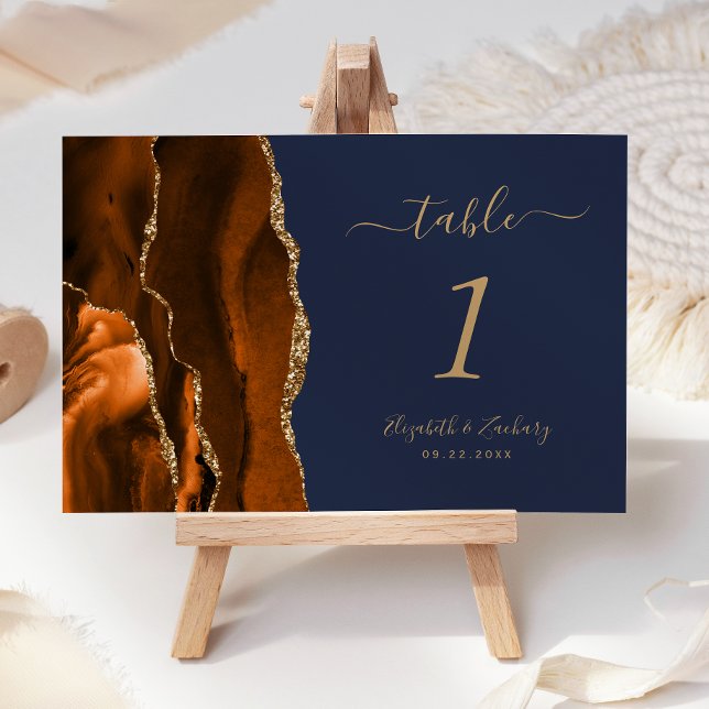 Burnt Orange Gold Agate Navy Blue Wedding Table Number (Creator Uploaded)