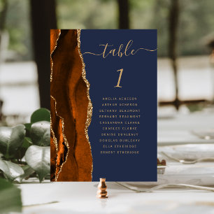 Burnt Orange Gold Agate Navy Blue Wedding Table Number