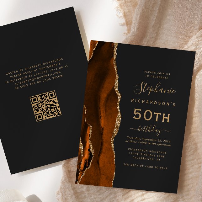 Burnt Orange Gold Agate QR Code 50th Birthday Invitation (Creator Uploaded)