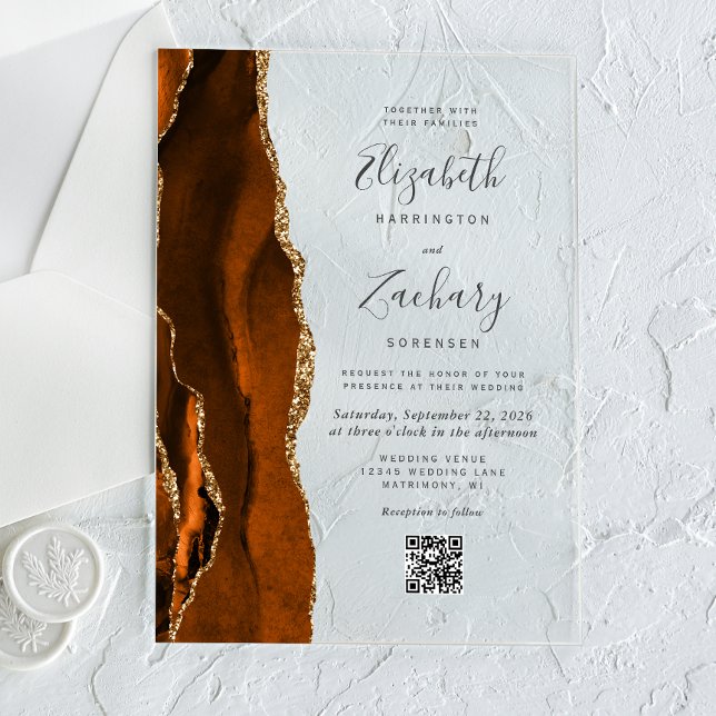 Burnt Orange Gold Agate QR Code Wedding Acrylic Invitations (Creator Uploaded)