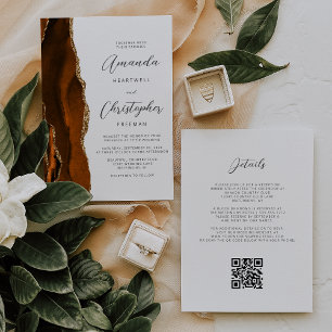 Burnt Orange Gold Agate QR Code Wedding Invitation