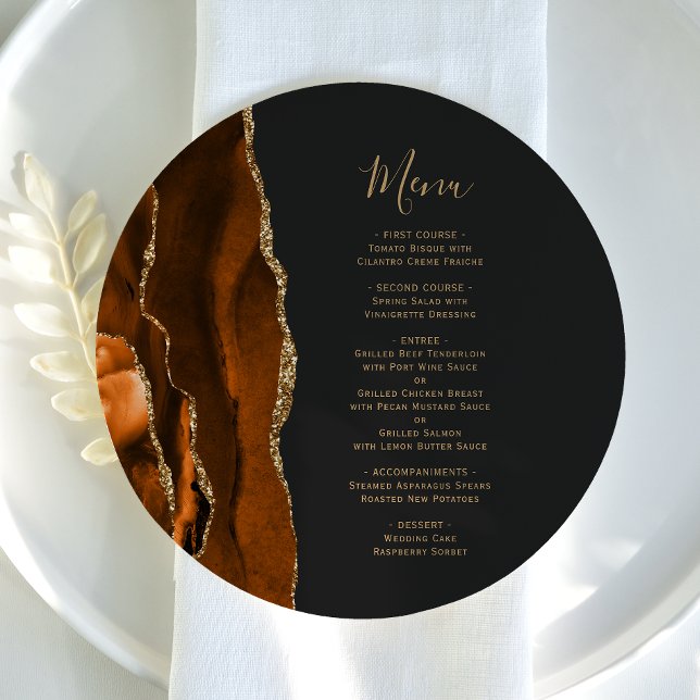 Burnt Orange Gold Agate Round Plate Wedding Menu (Creator Uploaded)