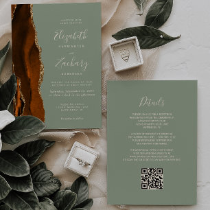 Burnt Orange Gold Agate Sage Green QR Code Wedding Invitation