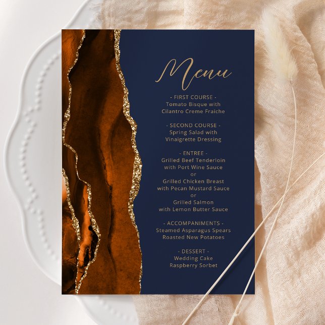 Burnt Orange Gold Agate Script Navy Blue Wedding Menu (Creator Uploaded)