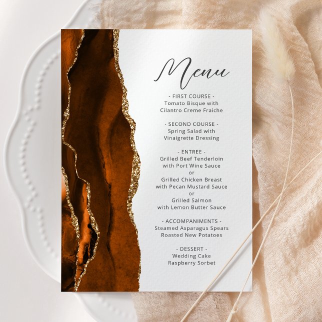 Burnt Orange Gold Agate Script Wedding Menu (Creator Uploaded)