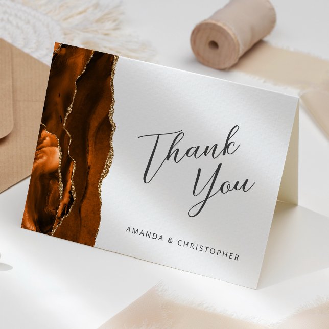 Burnt Orange Gold Agate Script Wedding Thank You Card (Creator Uploaded)
