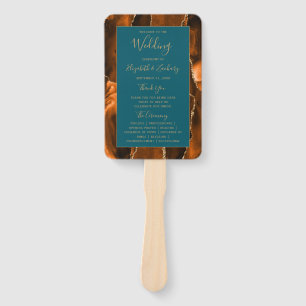 Burnt Orange Gold Agate Teal Wedding Program Hand Fan