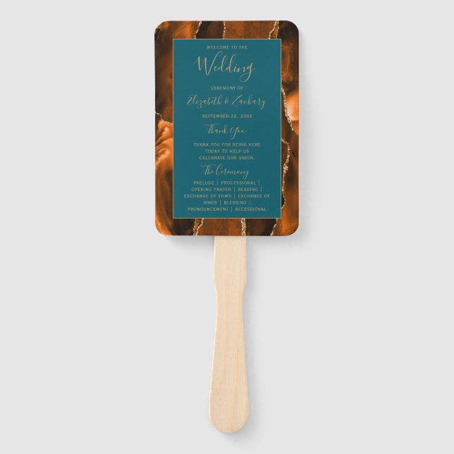 Burnt Orange Gold Agate Teal Wedding Program Hand Fan (Front)
