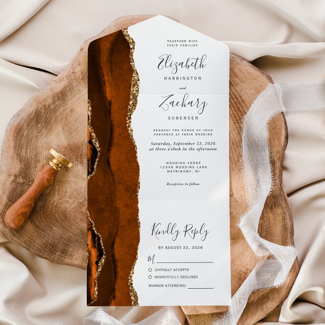 Burnt Orange Gold Agate Wedding All In One Invitation (Creator Uploaded)