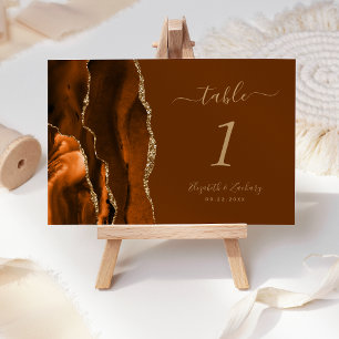 Burnt Orange Gold Brown Agate Wedding Table Number