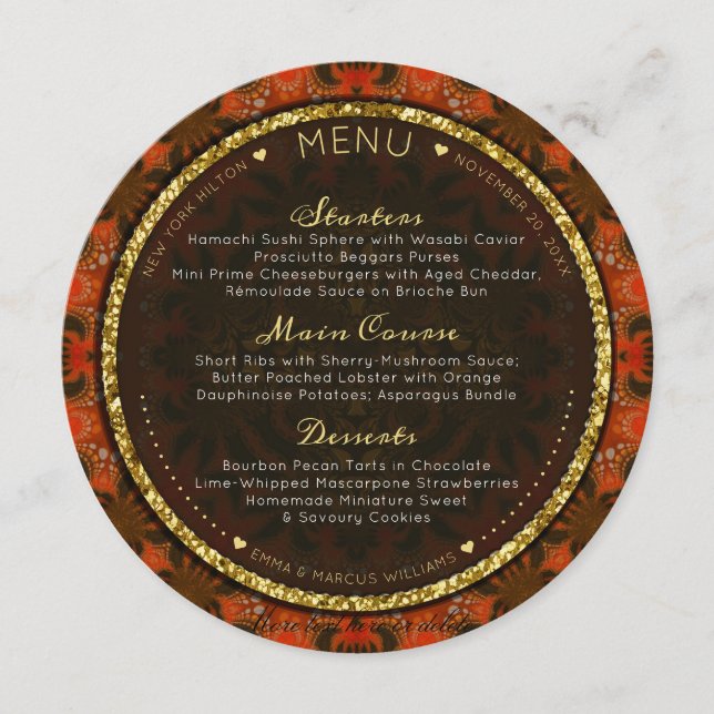 Burnt Orange Gold Eastern Round Wedding Menu Cards (Front)