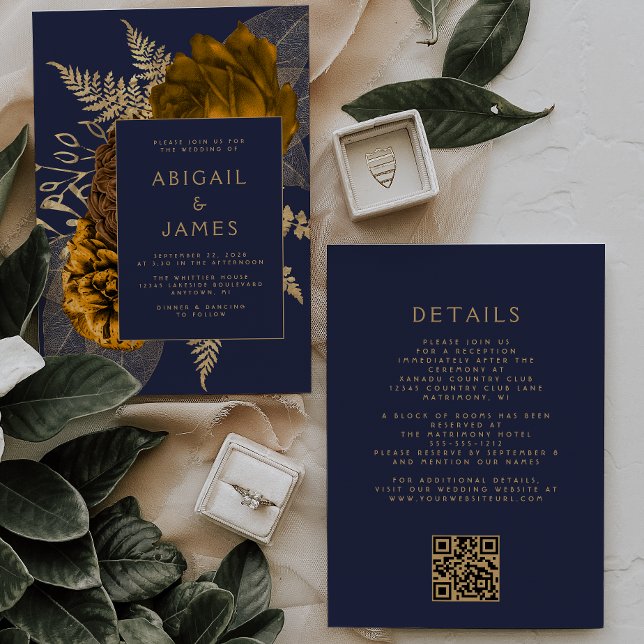 Burnt Orange Gold Floral Navy Blue QR Code Wedding Invitation (Creator Uploaded)