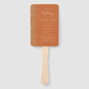 Burnt Orange Gold Glitter Edge Wedding Program Hand Fan