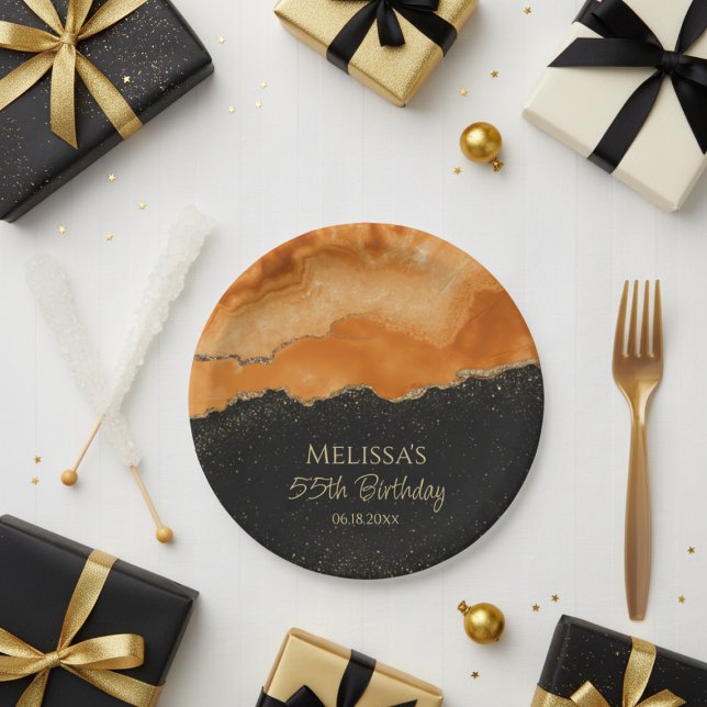 Burnt Orange Gold Glitter Watercolor Marble Paper Plate (Creator Uploaded)