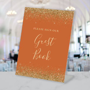 Burnt Orange Gold Glitter Wedding Guest Book Pedestal Sign