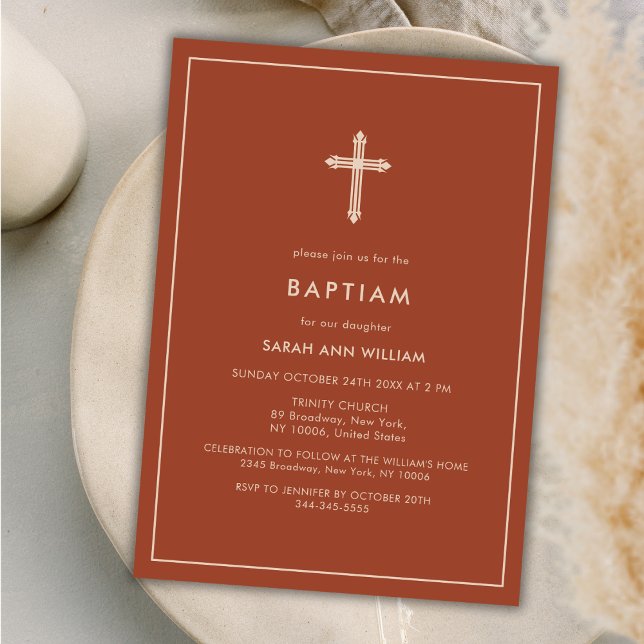Burnt Orange Gold Typography Cross Frame Baptism Invitation (Burnt Orange Gold Typography Cross Frame Baptism Invitation)