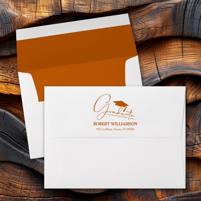 Burnt Orange Graduation Cap Return Address  Envelope (Burnt orange graduation cap, printed lining and FREE return address envelopes)