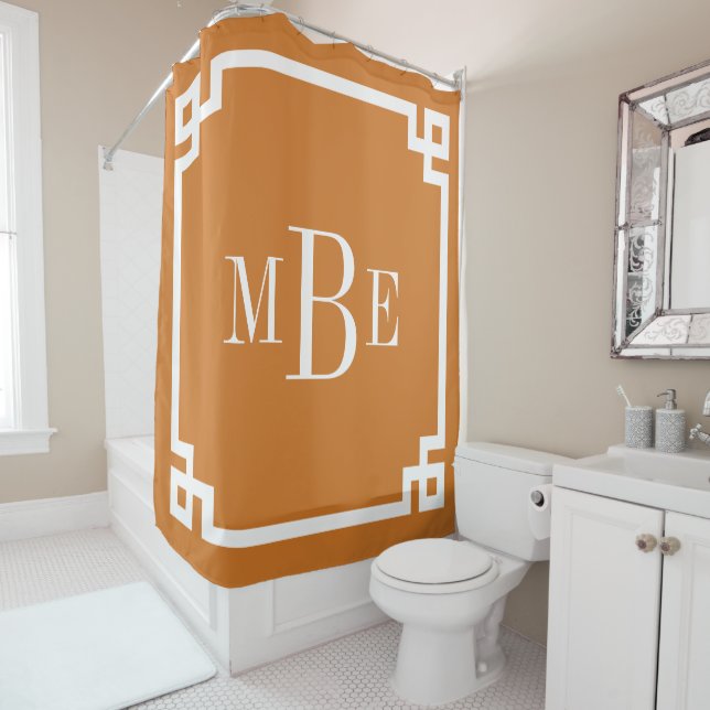 Burnt Orange Greek Key Border Monogram Shower Curtain (In Situ)