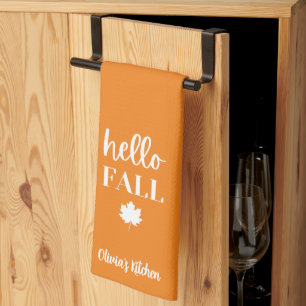 Burnt Orange Hello Fall Personalised Name Custom Tea Towel