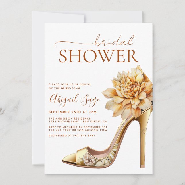Burnt Orange High Heel Yellow Floral Bridal Shower Invitation (Front)