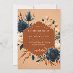 Burnt Orange Indigo Flora Wedding Invitation
