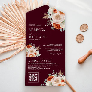 Burnt Orange Ivory Floral QR Code Burgundy Wedding All In One Invitation