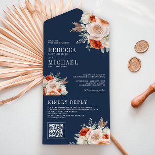 Burnt Orange Ivory Floral QR Code Navy Wedding All In One Invitation